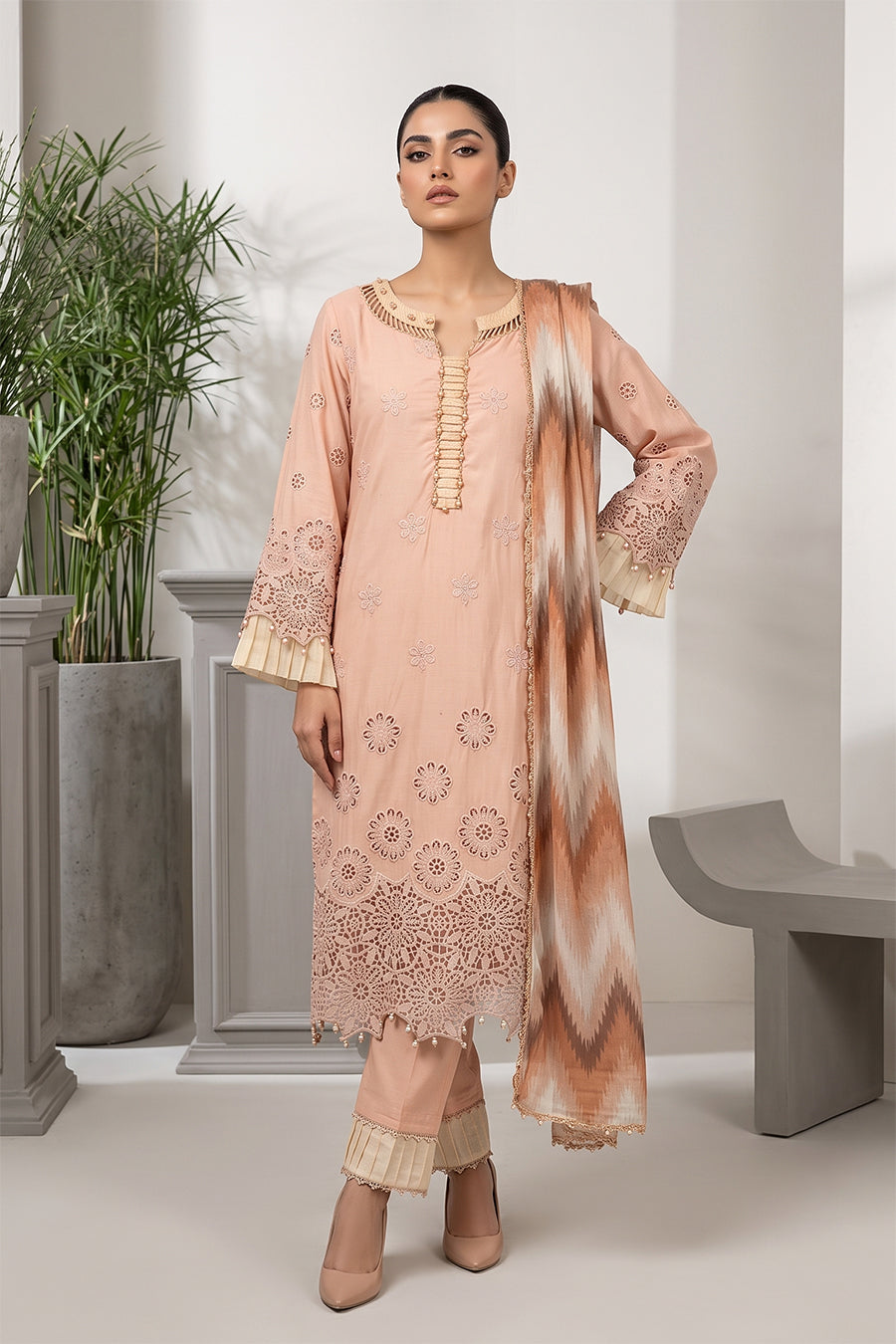 Peach Embroidered 3 Piece