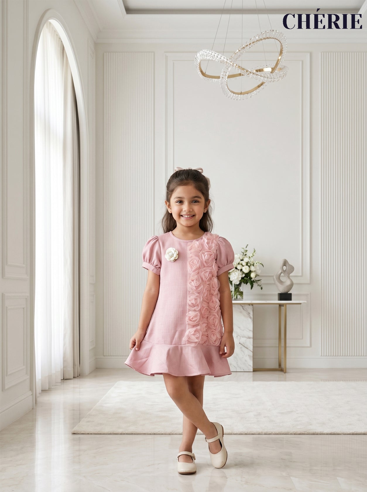 Rosé Bloom Ruffle Dress – Pink 3D Floral Party Dress for Girls