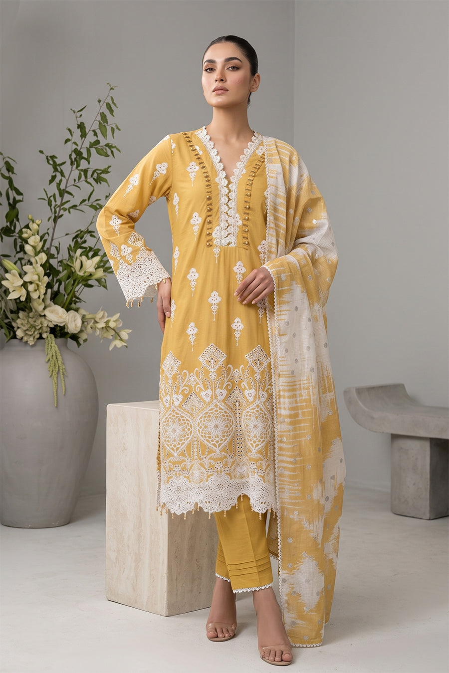 Mustard Embroidered 3 Piece