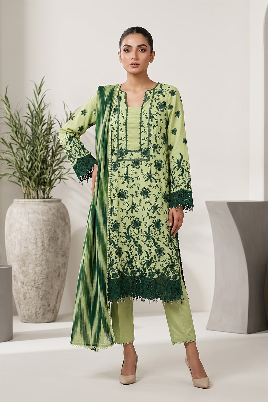 Olive Green Embroidered 3 Piece