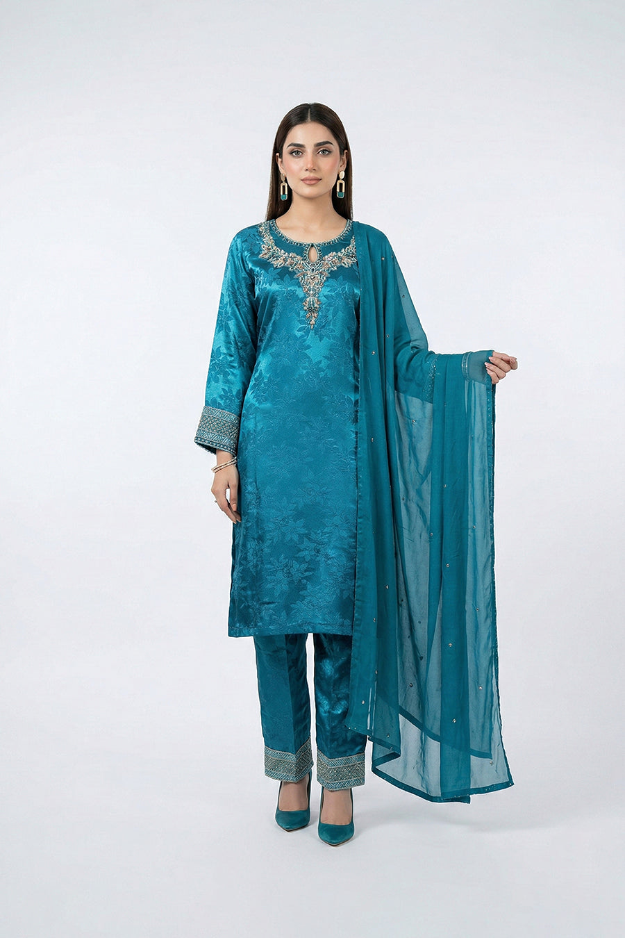 Elegant Teal Blue Embroidered Three Piece Salwar Kameez