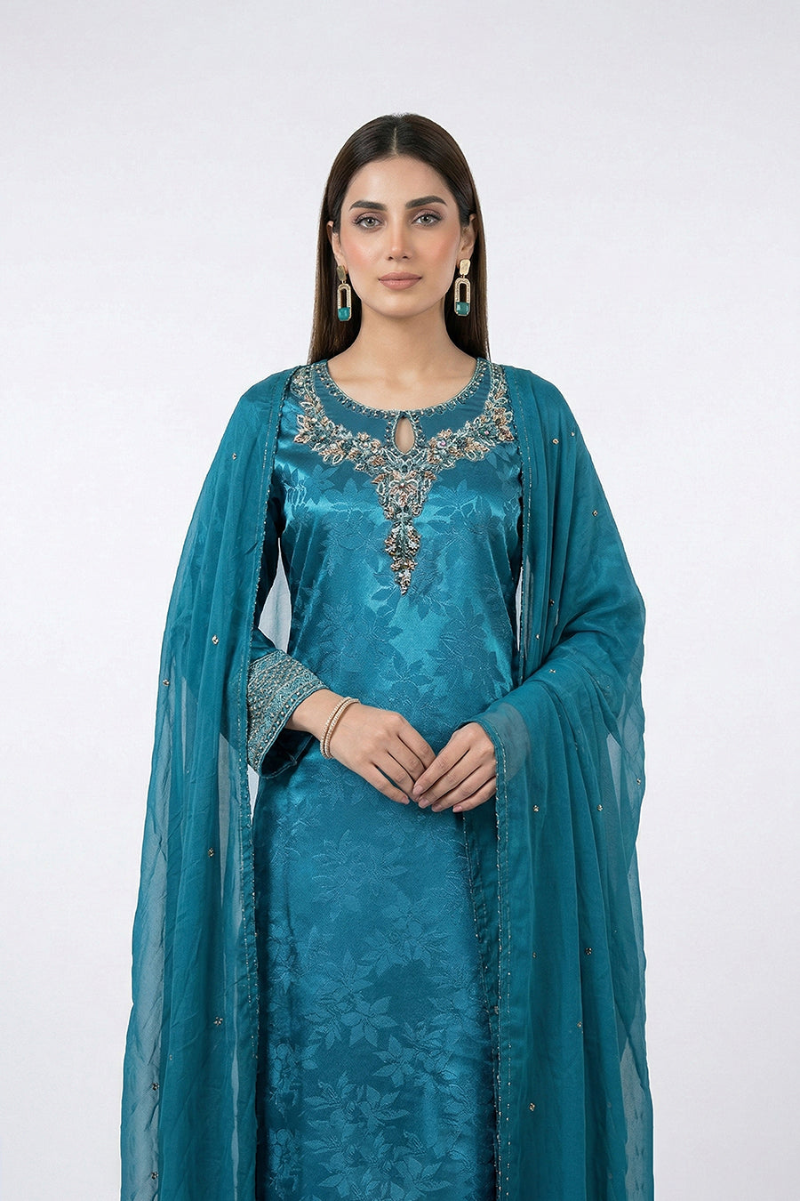 Elegant Teal Blue Embroidered Three Piece Salwar Kameez