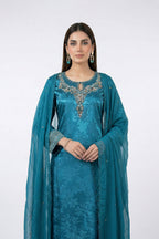 Elegant Teal Blue Embroidered Three Piece Salwar Kameez