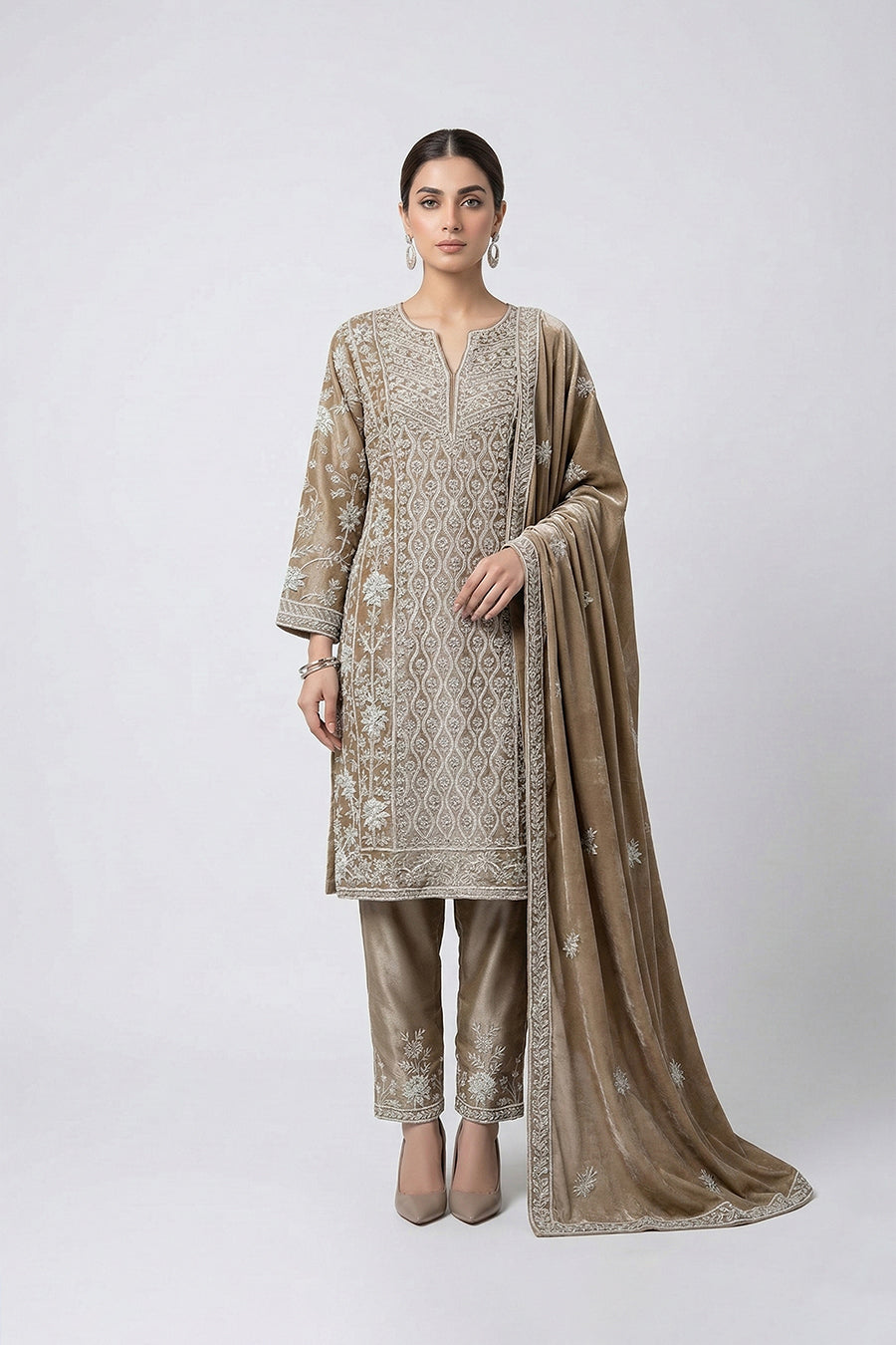 Luxury Beige Embroidered Three Piece Set for Women