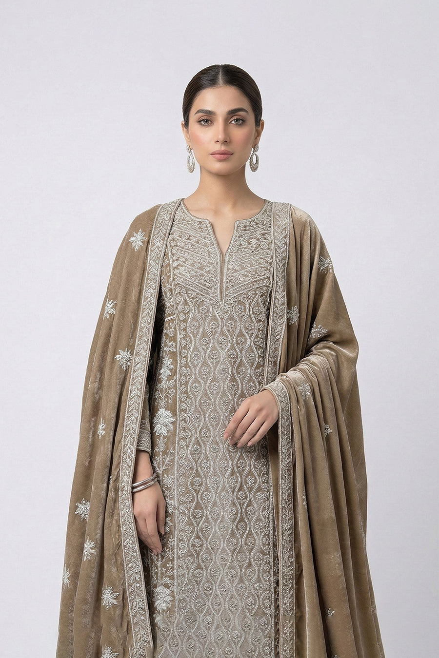 Luxury Beige Embroidered Three Piece Set for Women