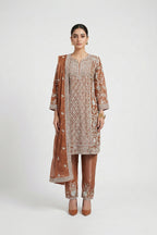 Luxury Brown Embroidered Three Piece Set for Women