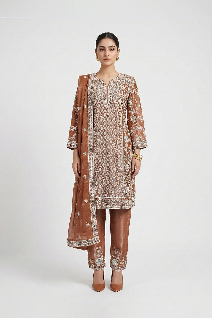 Luxury Brown Embroidered Three Piece Set for Women