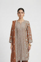 Luxury Brown Embroidered Three Piece Set for Women