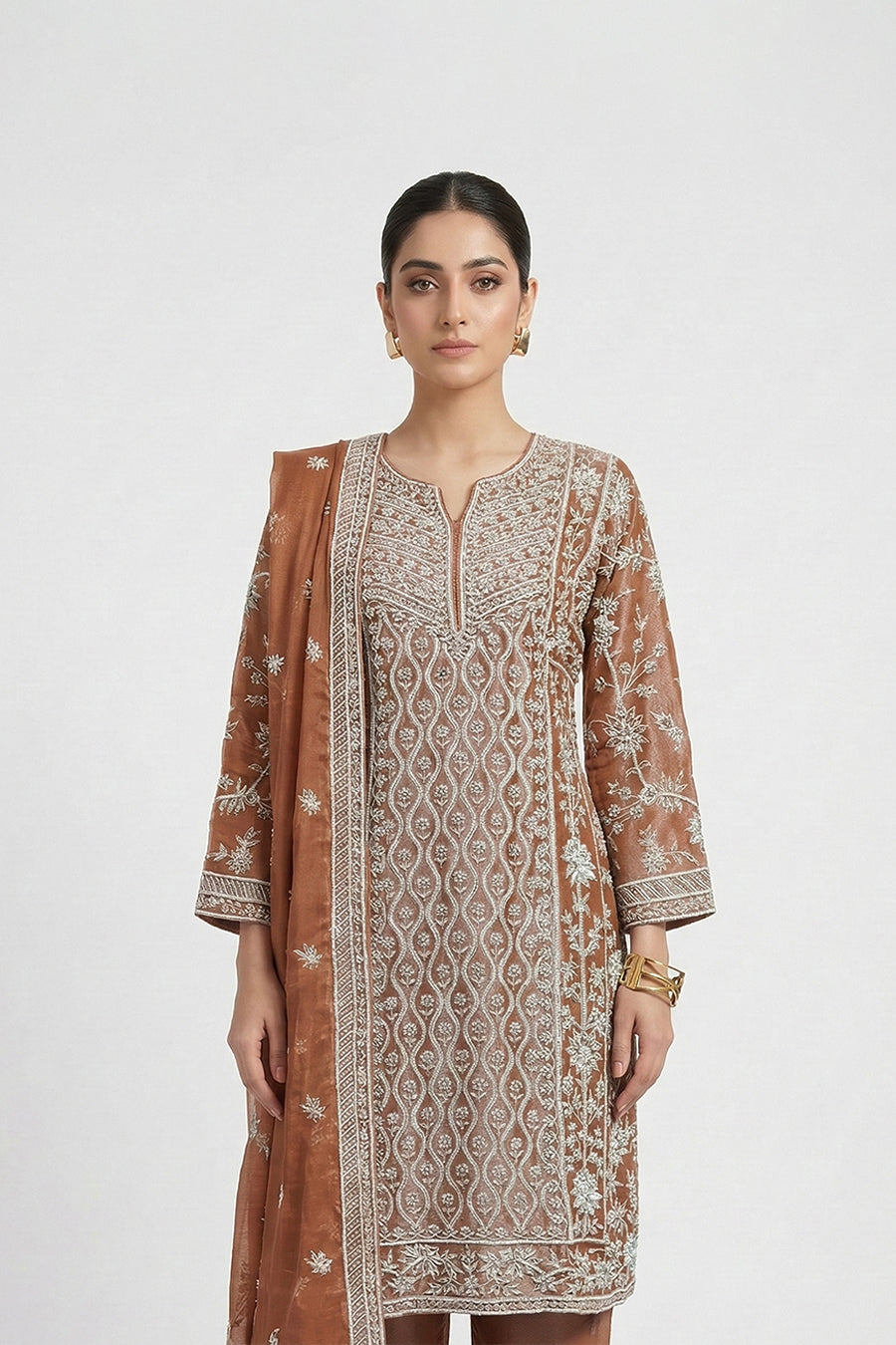 Luxury Brown Embroidered Three Piece Set for Women