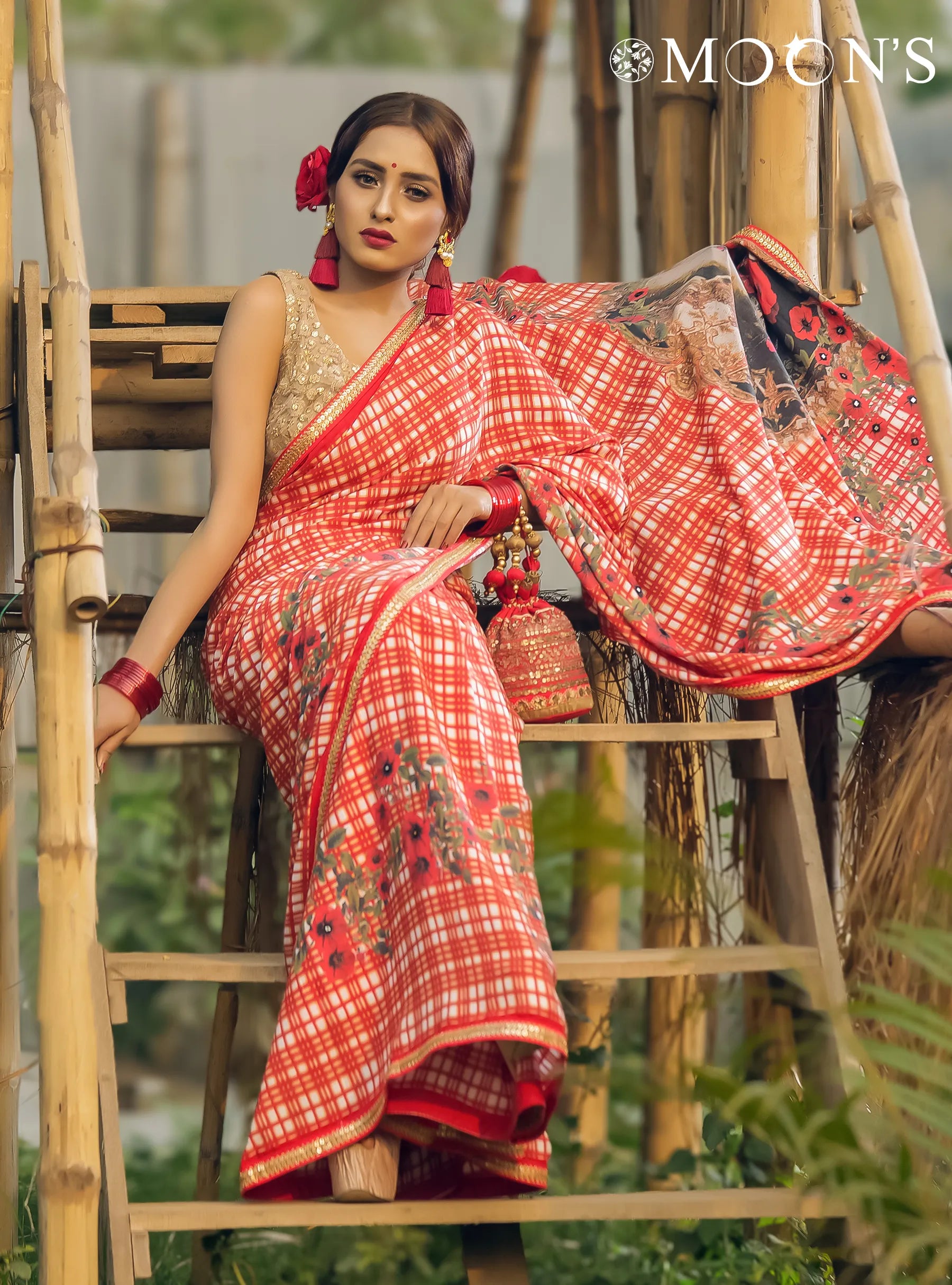 Pohela Boishakh Red & White Check Printed Saree with Floral Motifs
