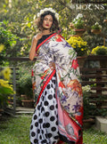Boishakhi White Floral Printed Saree with Polka Dot Contrast