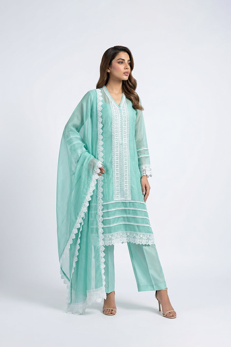 Mint Green Embroidered Three Piece Set for Women