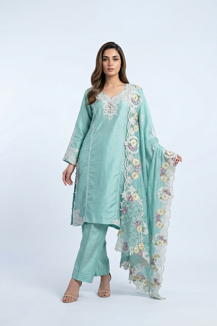 Elegant Mint Green Embroidered Salwar Kameez Set with Designer Dupatta