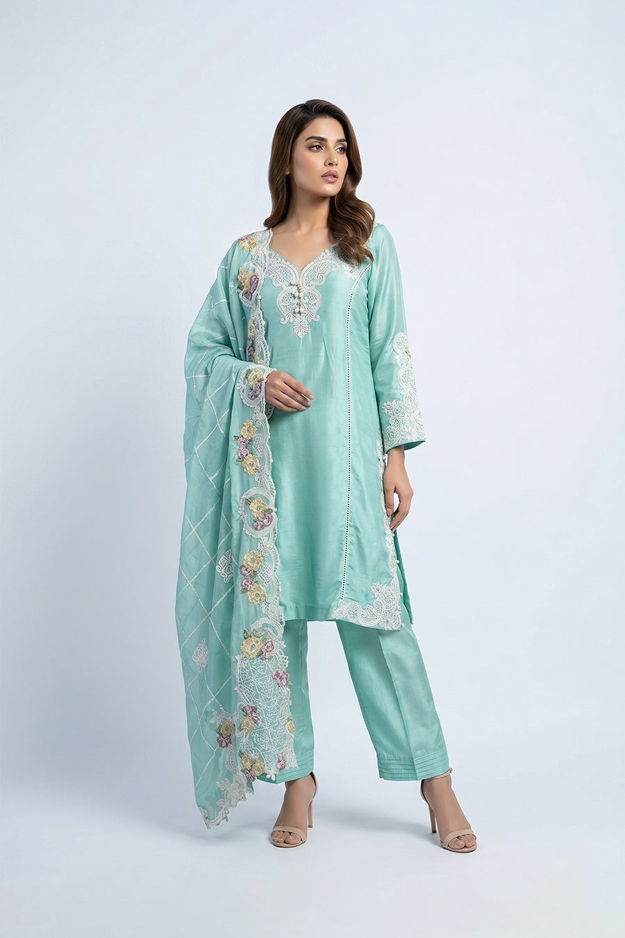 Elegant Mint Green Embroidered Salwar Kameez Set with Designer Dupatta
