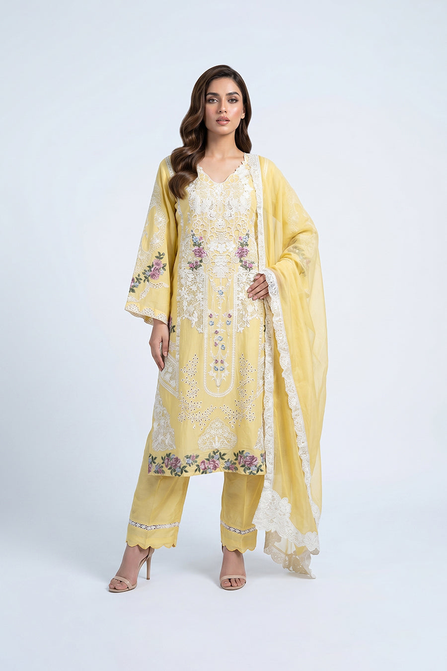 Elegant Pastel Yellow Embroidered Three Piece Salwar Kameez Set