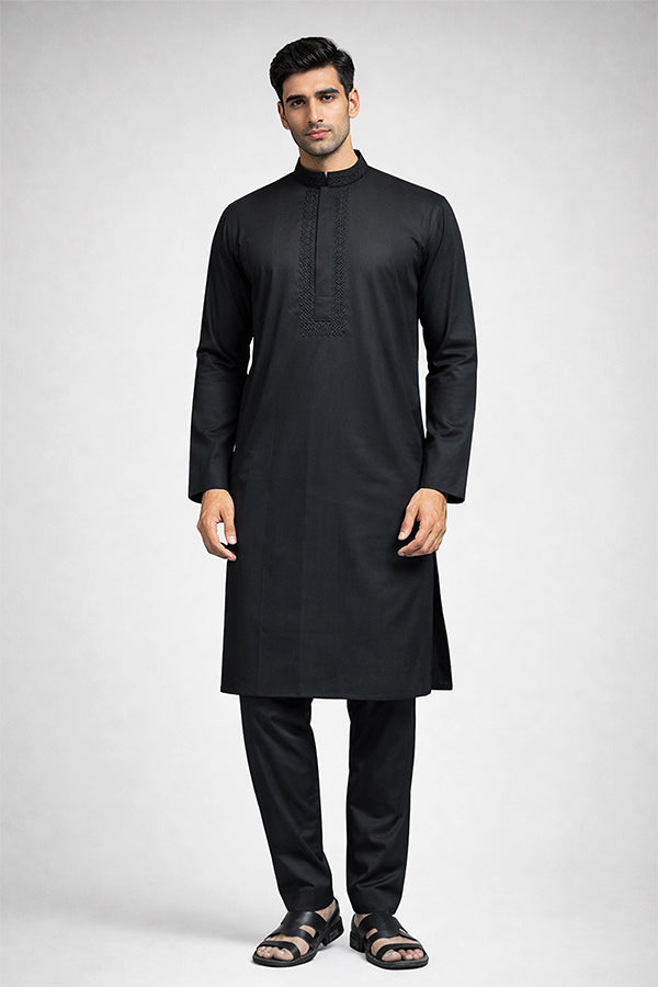 Jet Black Embroidered Panjabi for Men