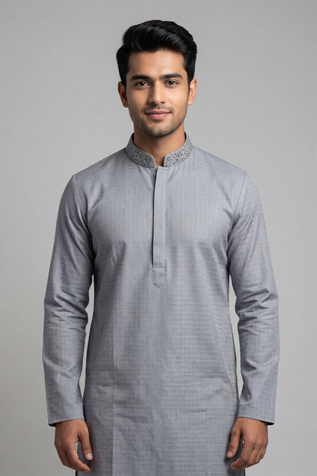 Grey Textured Mixed Cotton Panjabi
