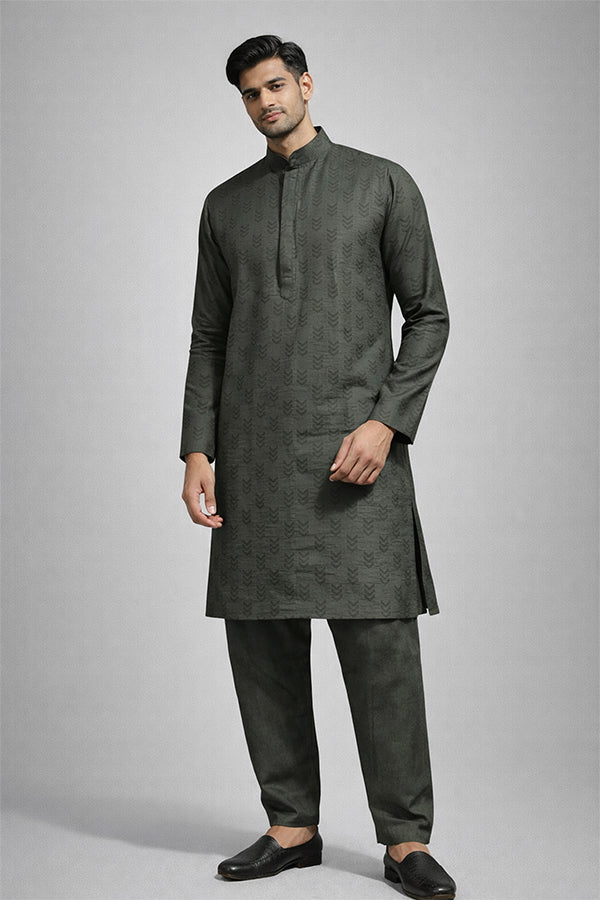 Olive Textured Jacquard Panjabi for Men