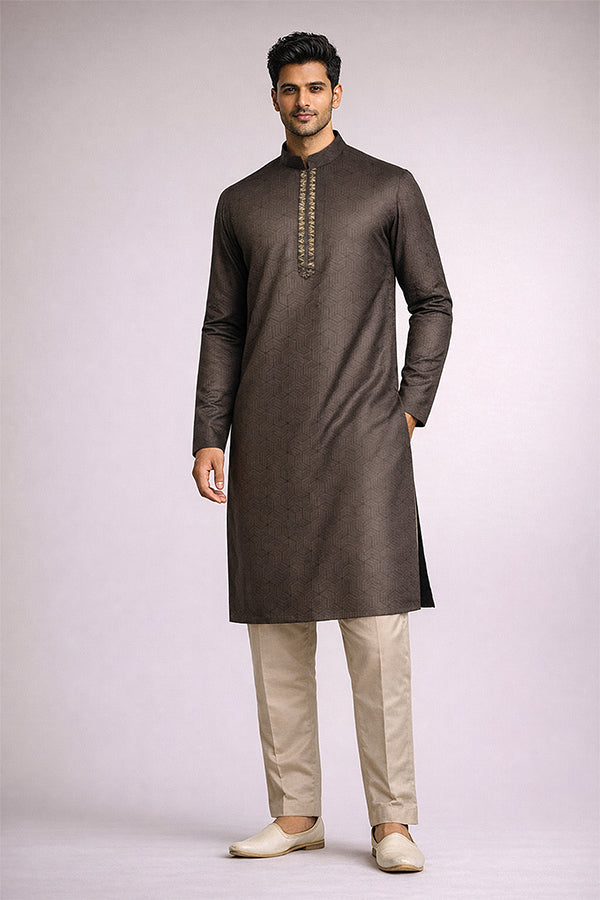 Chocolate Brown Jacquard Panjabi for Men