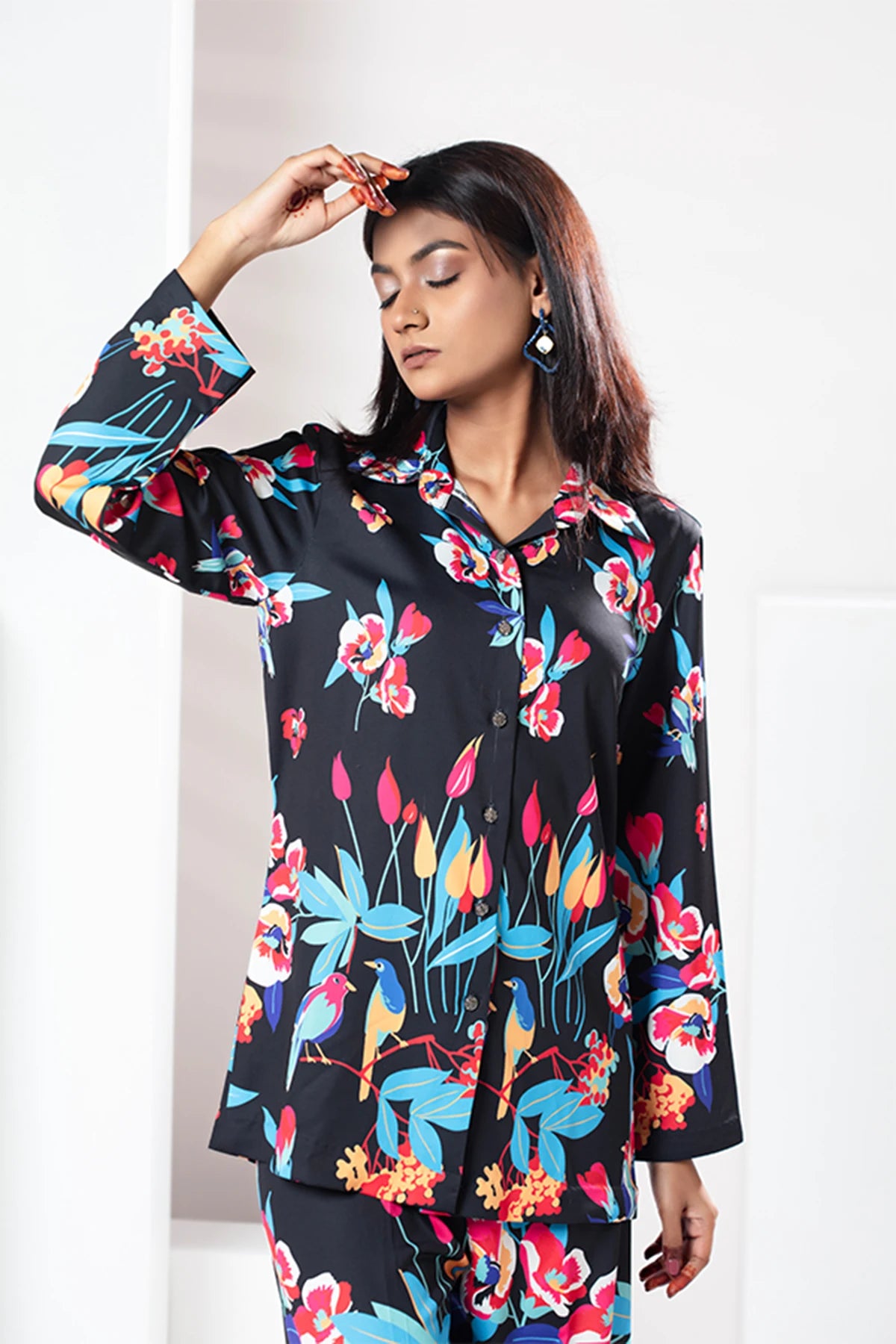 Black Floral Printed Co-Ord Set – Elegant Casual Wea