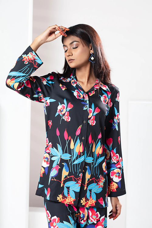 Black Floral Printed Co-Ord Set – Elegant Casual Wea