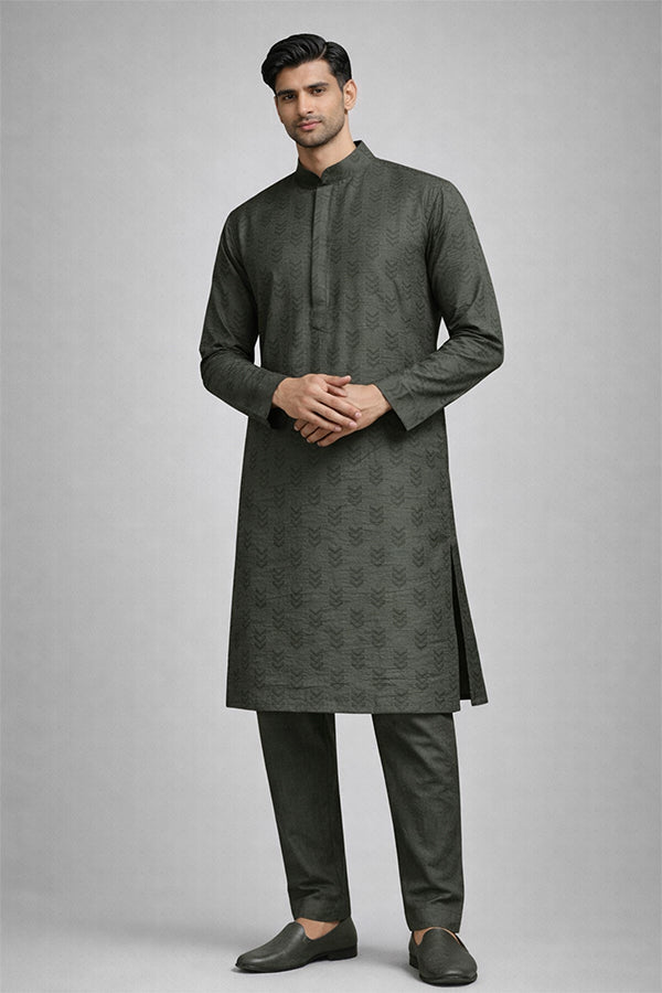 Olive Textured Jacquard Panjabi for Men