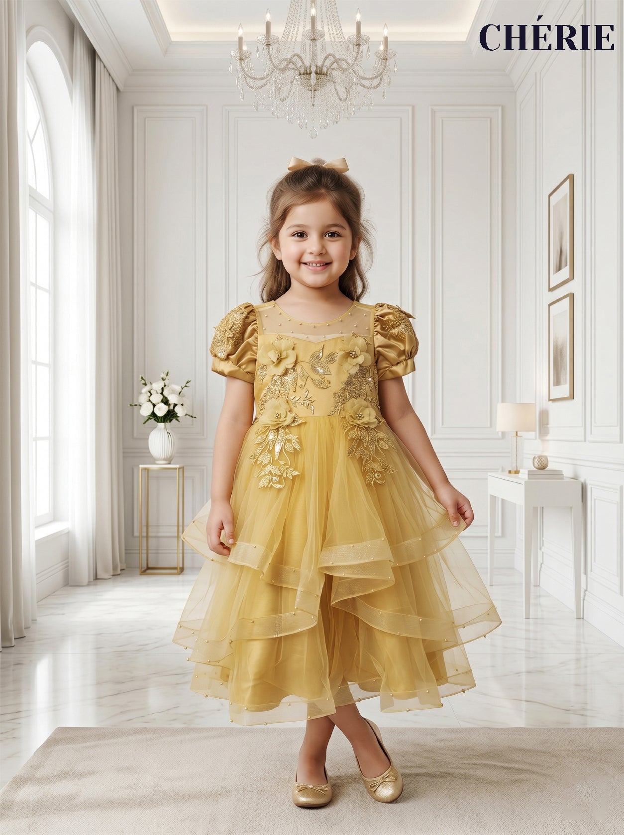 Golden Blossom Luxury Girls Party Dress