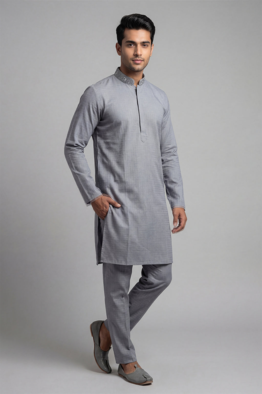 Grey Textured Mixed Cotton Panjabi
