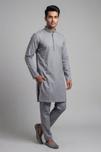 Grey Textured Mixed Cotton Panjabi
