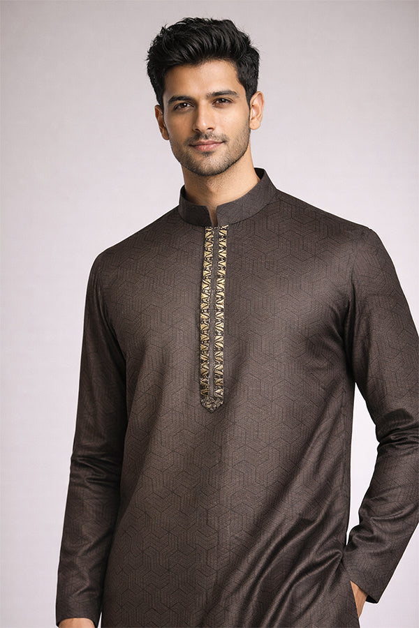 Chocolate Brown Jacquard Panjabi for Men