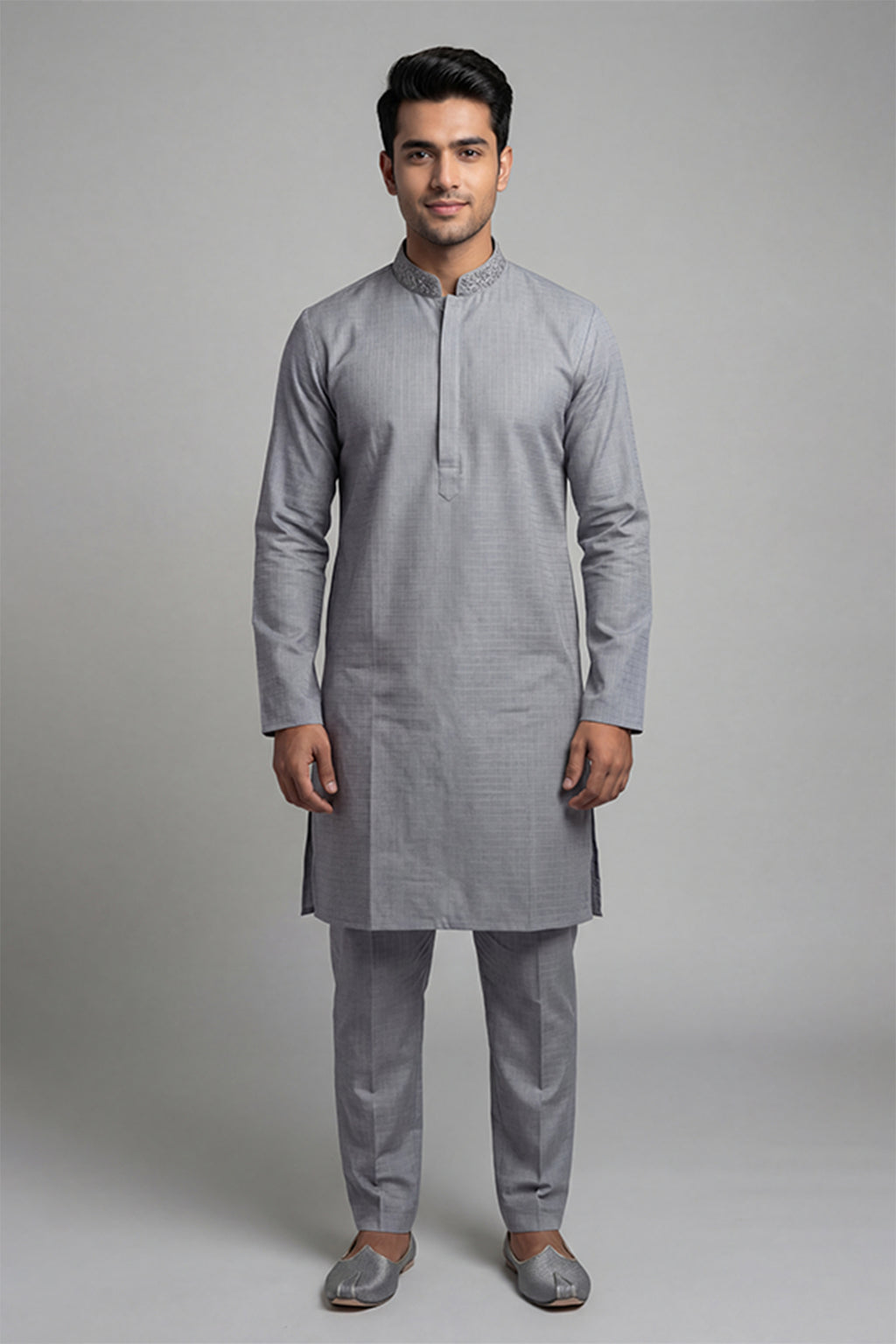 Grey Textured Mixed Cotton Panjabi