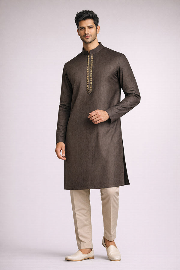 Chocolate Brown Jacquard Panjabi for Men