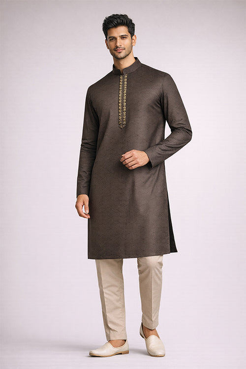 Chocolate Brown Jacquard Panjabi for Men