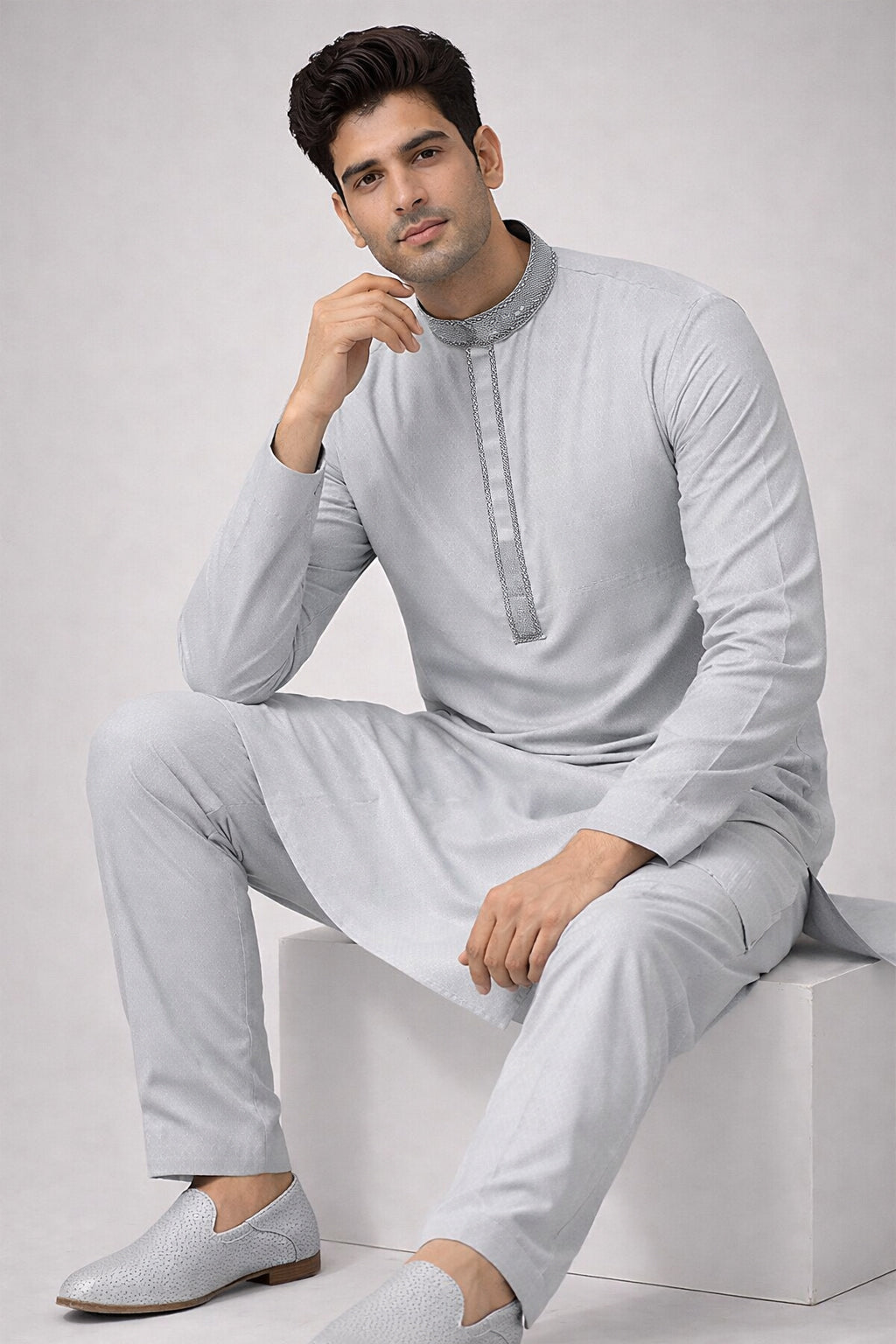 Silver Grey Textured Panjabi for Men
