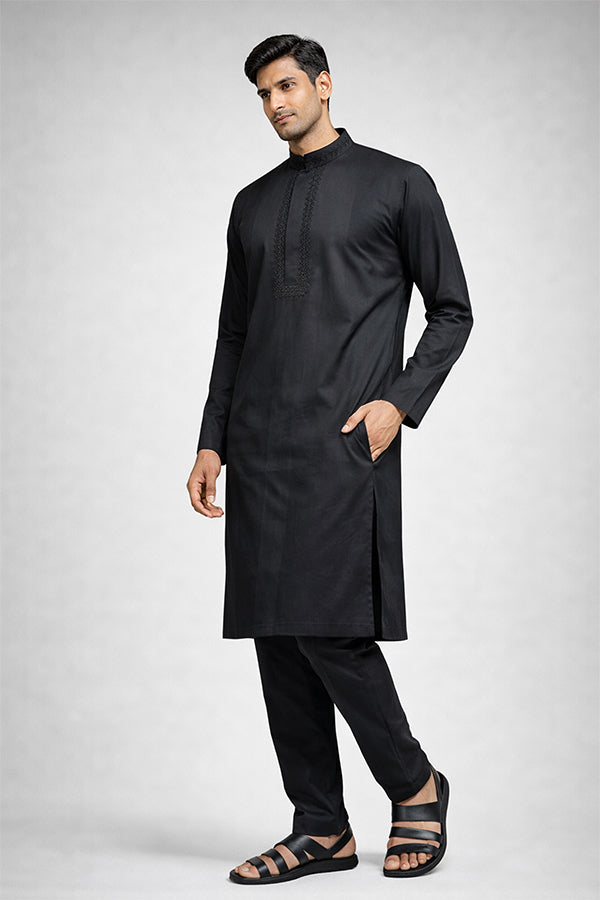 Jet Black Embroidered Panjabi for Men