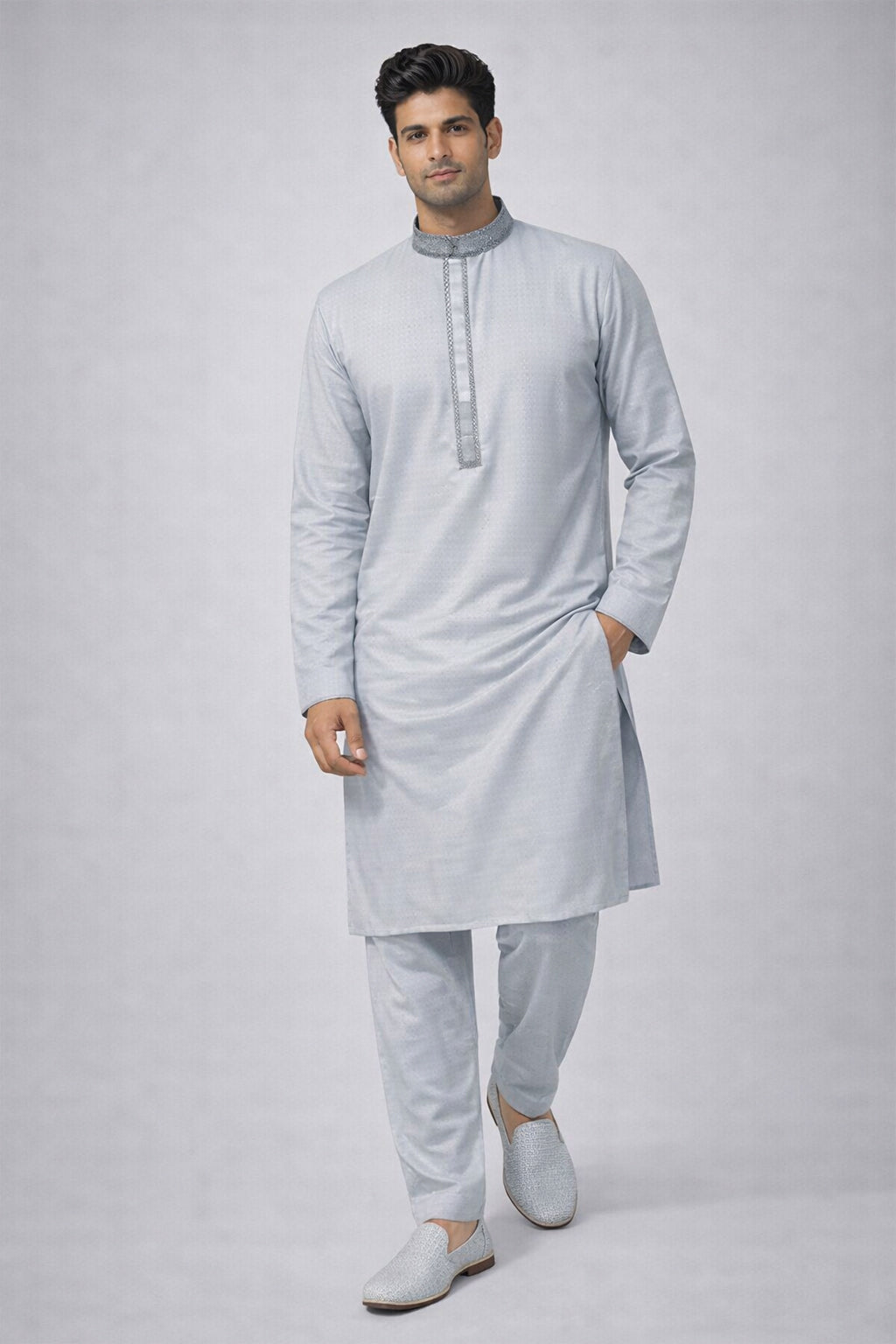 Silver Grey Textured Panjabi for Men