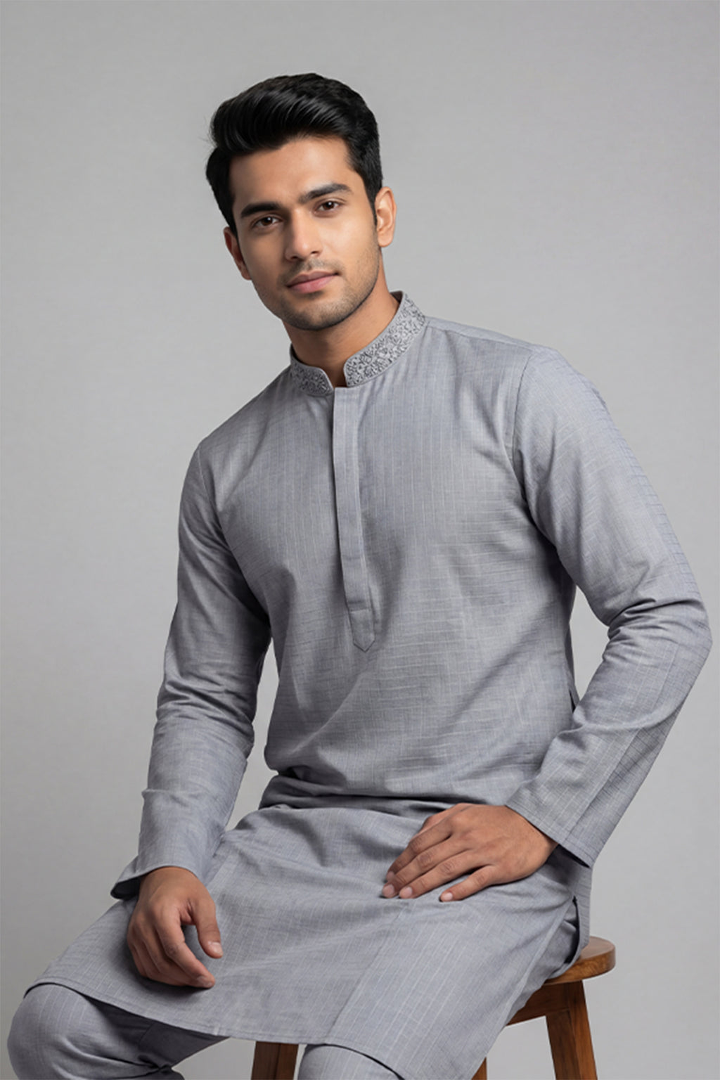 Grey Textured Mixed Cotton Panjabi