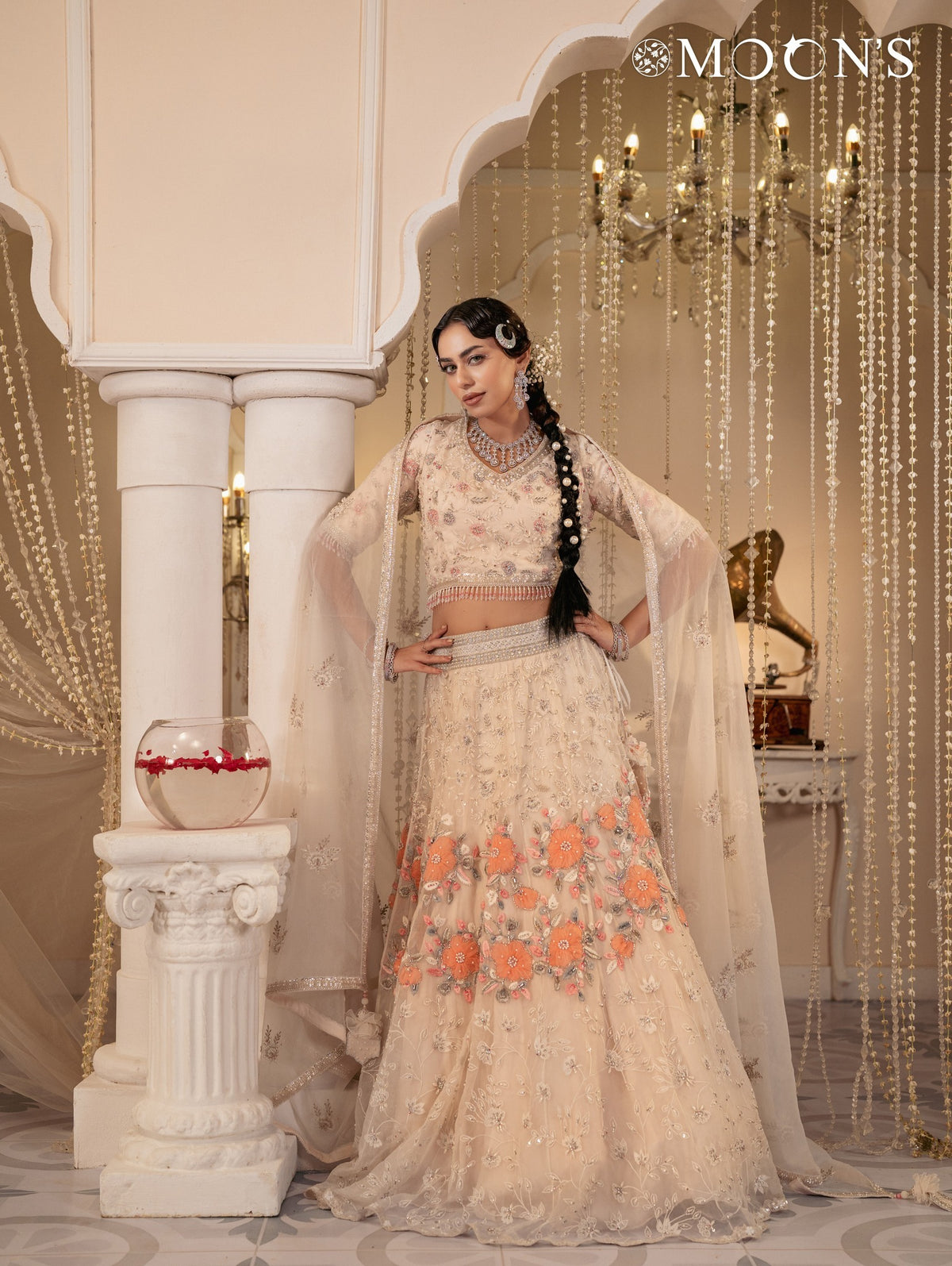 Moonlit Muse Peach Nectar 3D Floral Bridal Lehenga