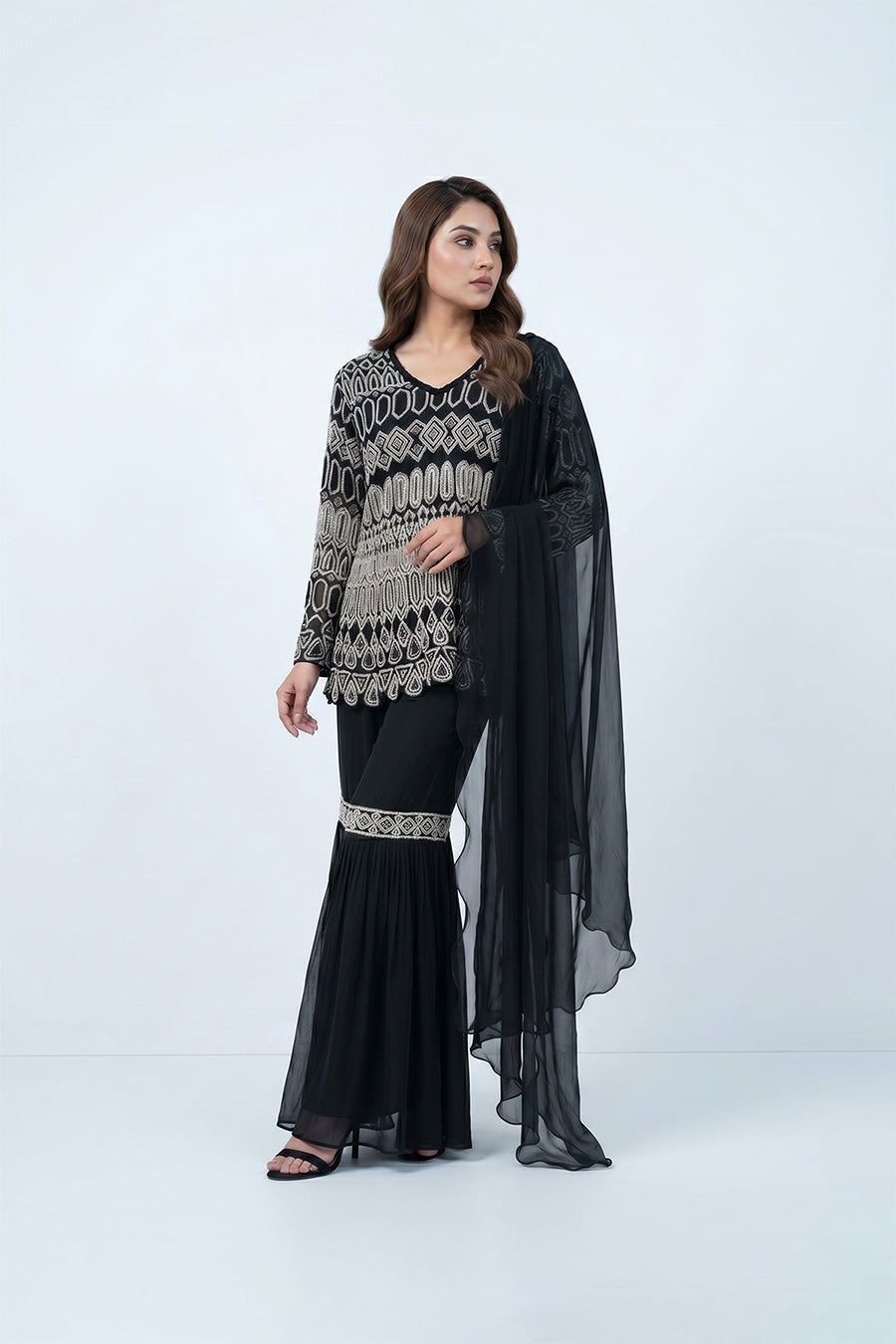Black Embroidered Luxury Ethnic Wear with Chiffon Dupatta