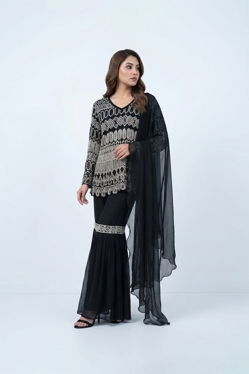 Black Embroidered Luxury Ethnic Wear with Chiffon Dupatta