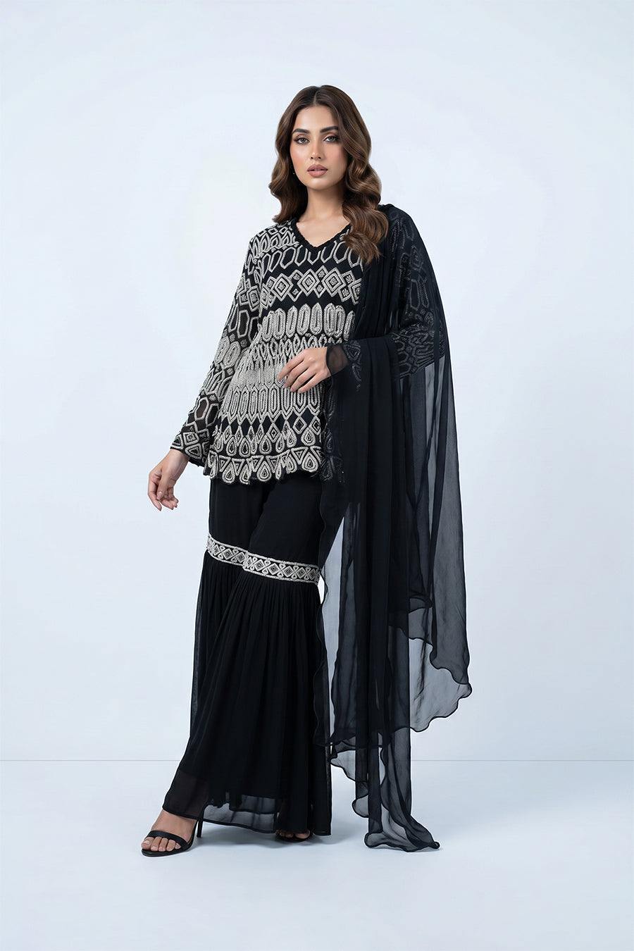 Black Embroidered Luxury Ethnic Wear with Chiffon Dupatta