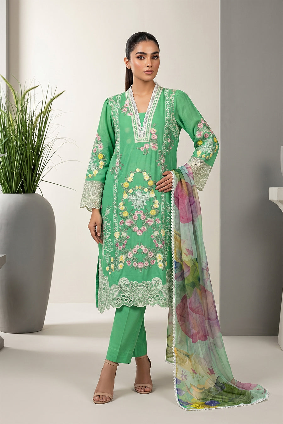 Emerald Green Embroidered 3 Piece