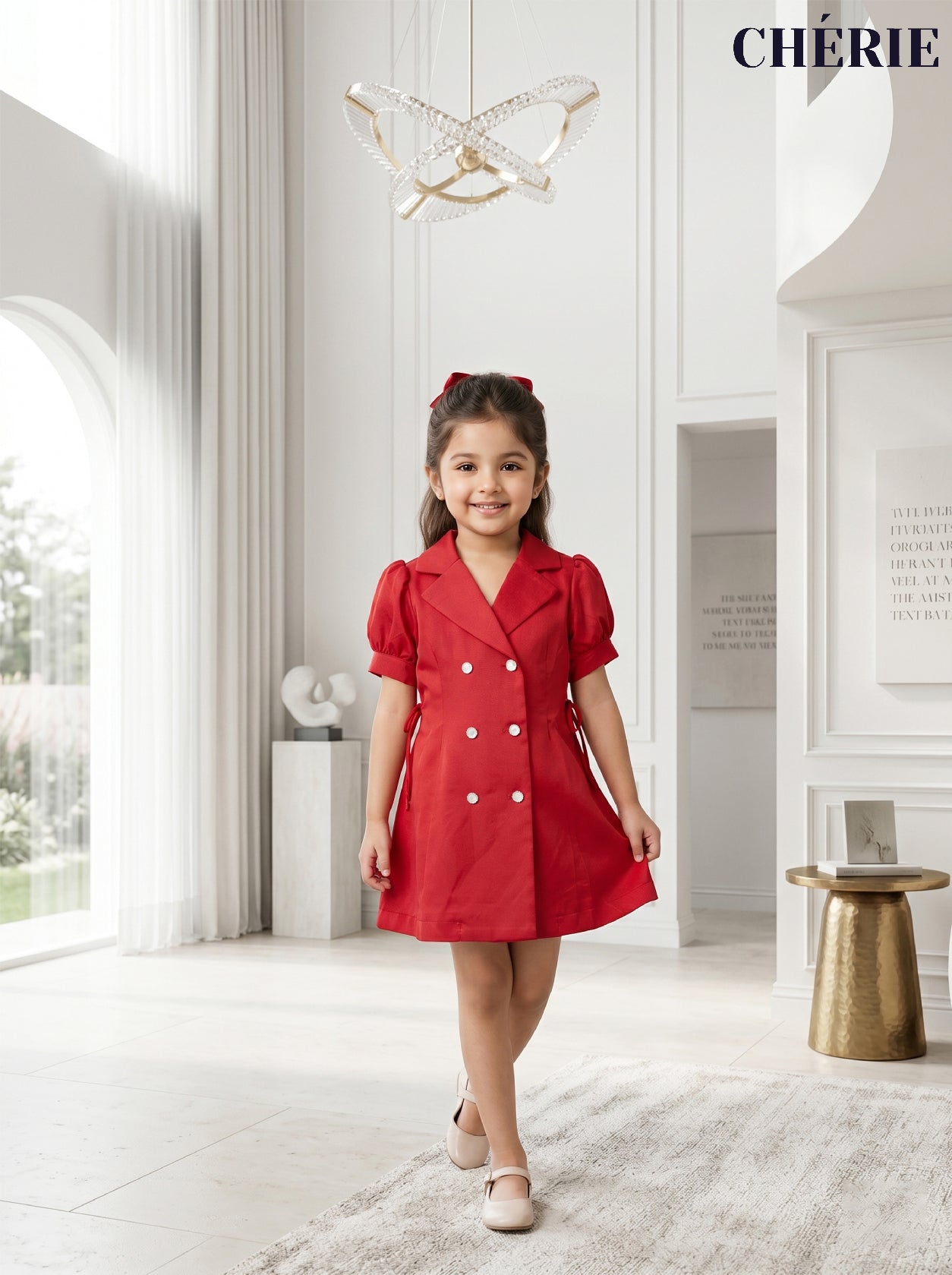 Cherry Red Double-Breasted Dress for Girls – Elegant Party Wear