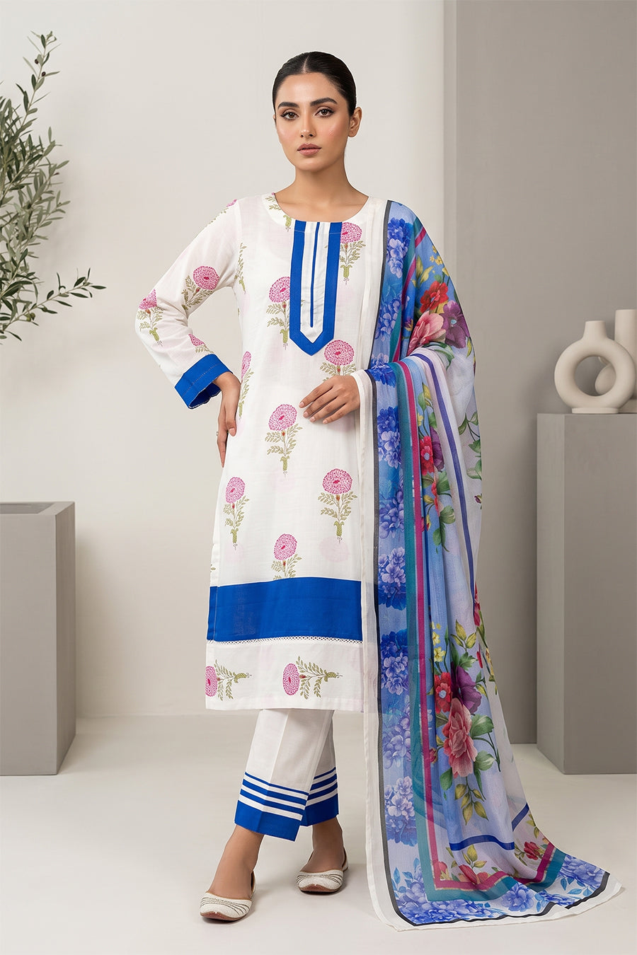 Ivory Blue Floral Print 3 Piece Suit