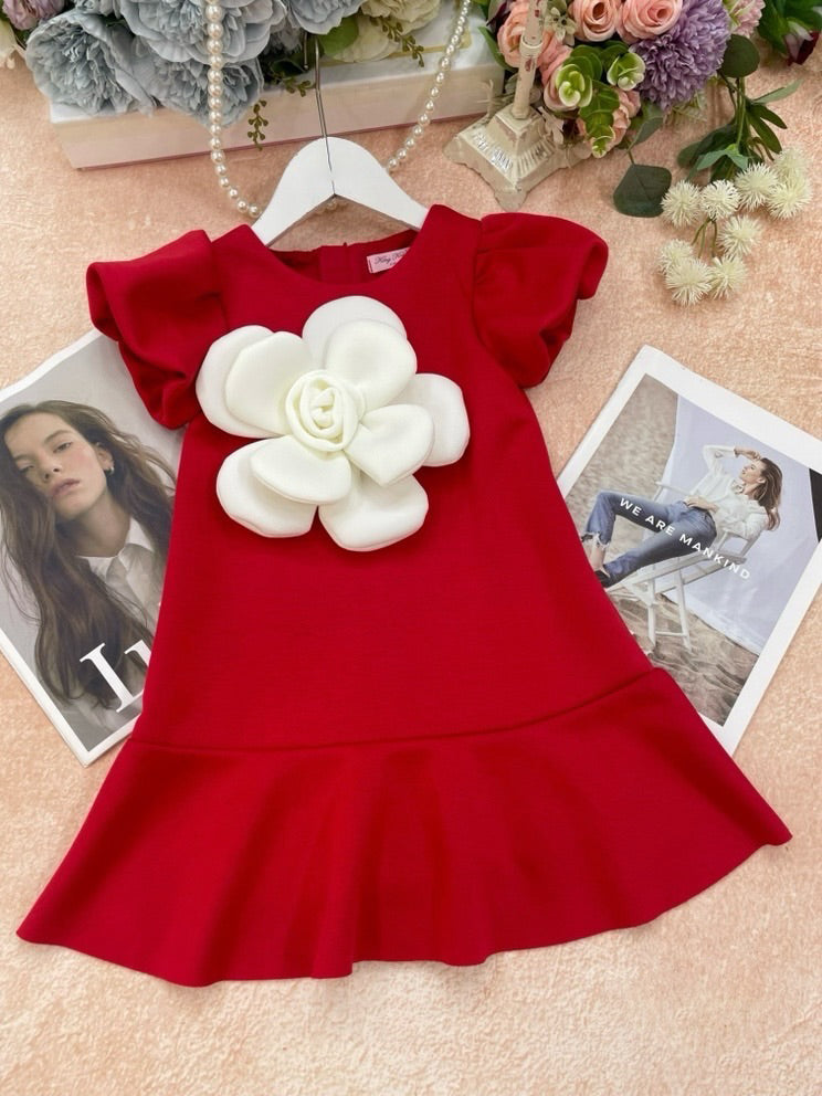 Red Flower Appliqué Dress for Girls – Stylish Party Wear