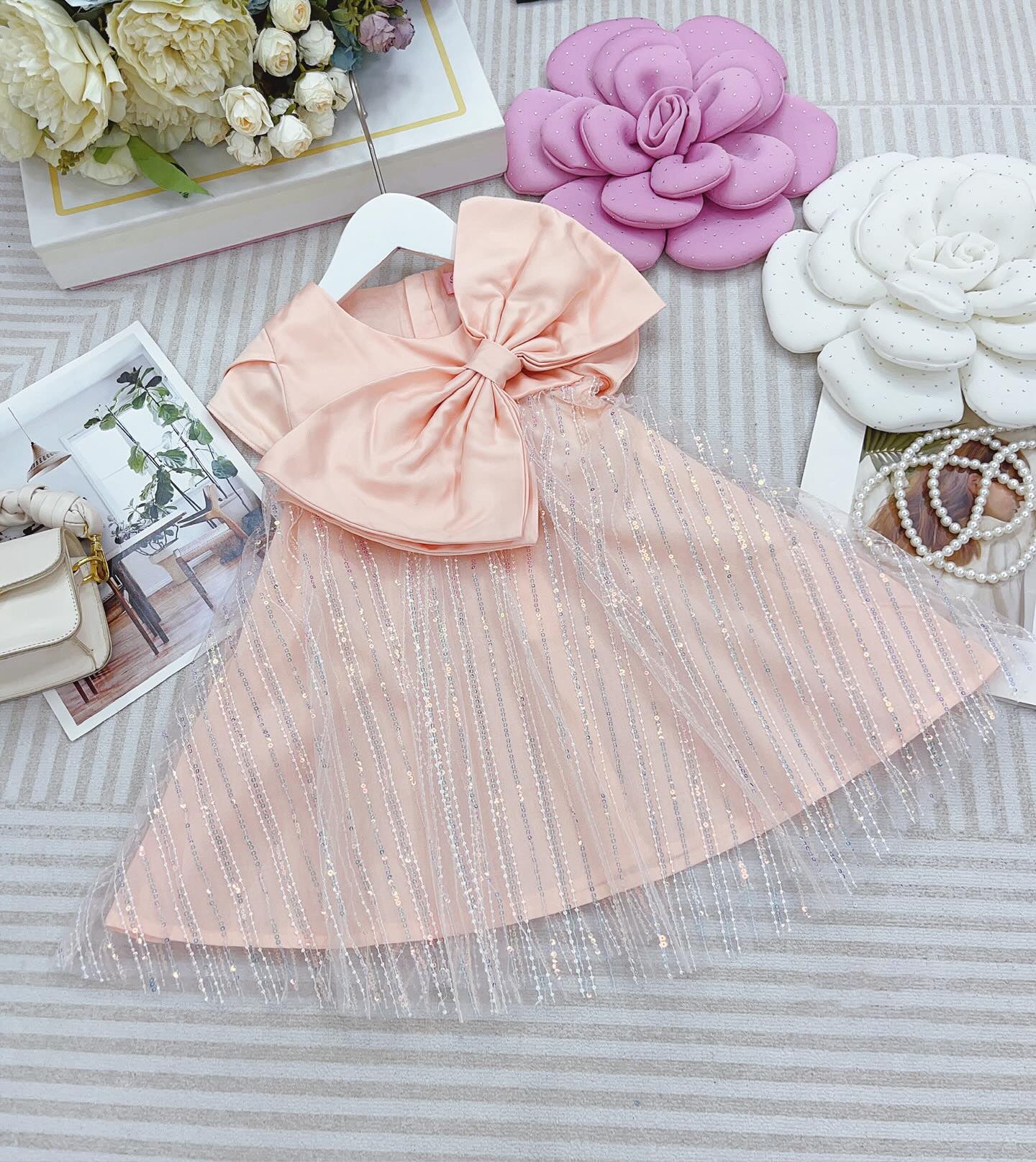 Peach Princess Sequin Bow Dress – Elegant Party Dress