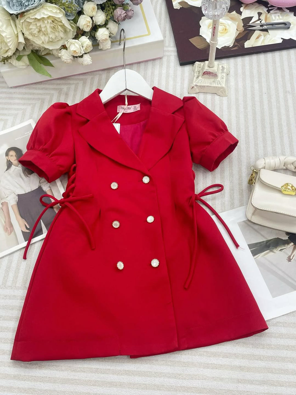 Cherry Red Double-Breasted Dress for Girls – Elegant Party Wear