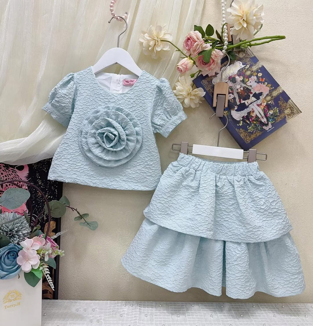 Sky Blue Floral Layered Dress Set for Girls