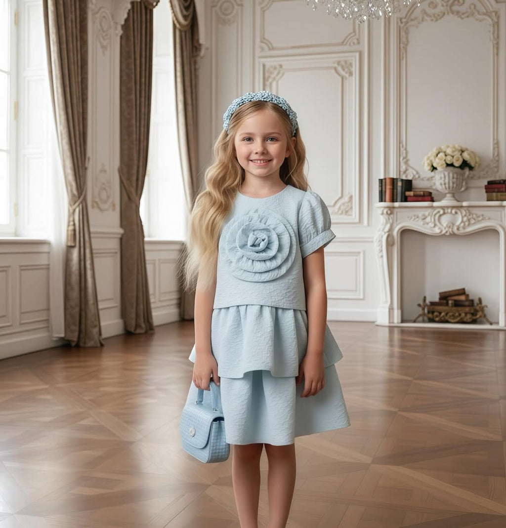 Sky Blue Floral Layered Dress Set for Girls