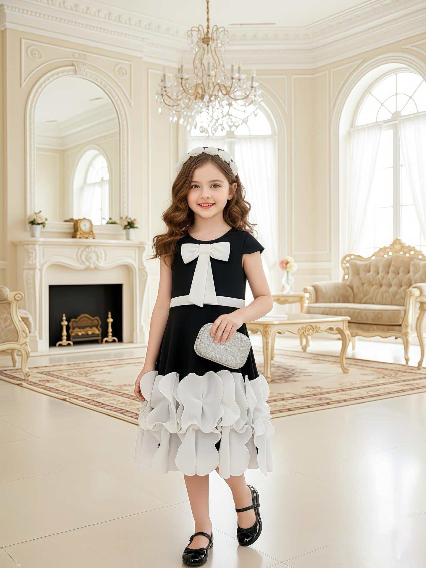 Black and White Bow Dress for Girls – Elegant Party Wear